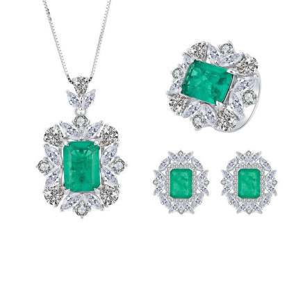 White Vintage Retro Pendant Green Emerald Cut Diamond Luxury 18k Gold Plated Necklace Earring & Ring Jewelry Set | Mix Mix Style-Mix MIx Style