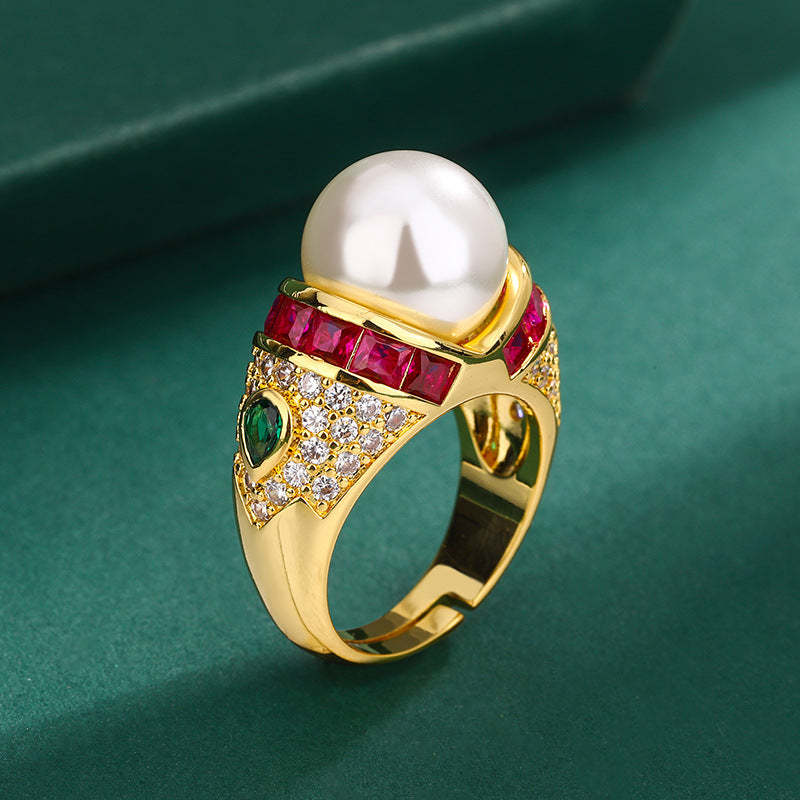 Huayoumei gold-plated light luxury shell pearl index finger ring enamel zircon pearl ring Tahitian platinum gray pearl ring-Mix MIx Style
