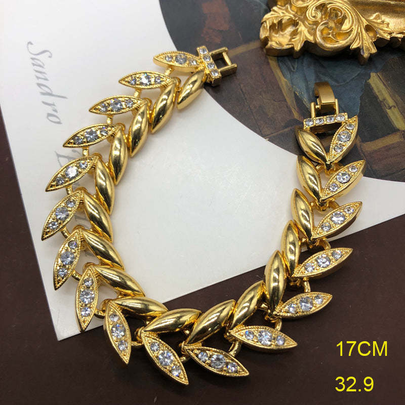 Leafs Retro Diamonds Luxury 18k Vermeil Gold Plated Necklace Bracelet Jewelry Set | Mix Mix Style-Mix MIx Style