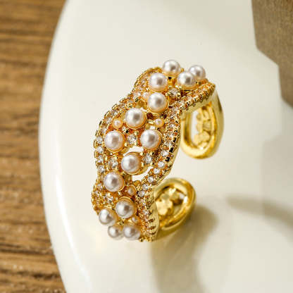 Australian ancient cross-border copper-plated real gold zircon pearl geometric open ring women's INS niche light luxury high-end ring new-Mix MIx Style