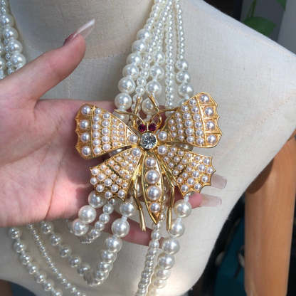 White Golden Butterfly Vintage Multi-layer Pendant Akoya Pearl Diamond Luxury 18k Gold Plated Necklace Earrings Jewelry Set | Mix Mix Style-Mix MIx Style