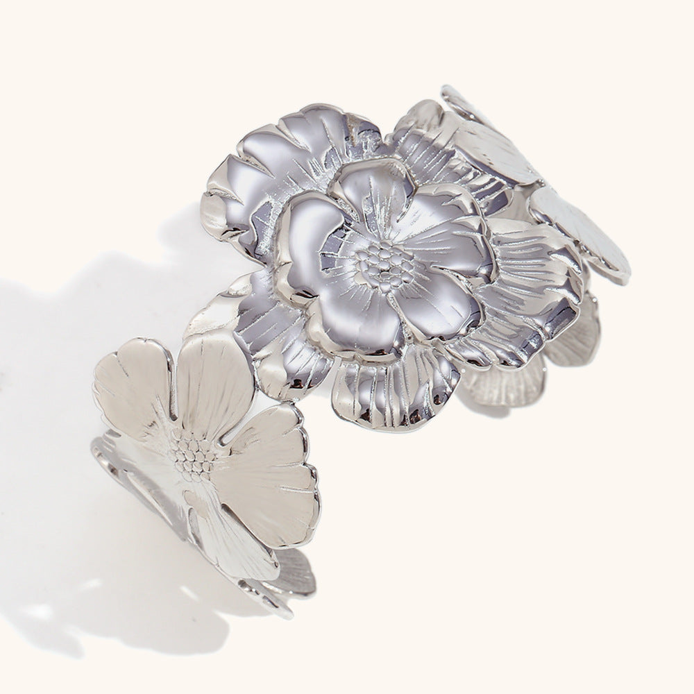 European and American cross-border hot selling fashion personality exaggerated stainless steel plated 18K gold simple open flower bracelet jewelry-Mix MIx Style