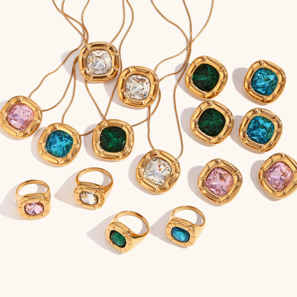 Green/Blue/White Retro Pendant Cushion Diamond Luxury 18k Gold Plated Necklace Earring Ring Jewelry Set | Mix Mix Style-Mix MIx Style
