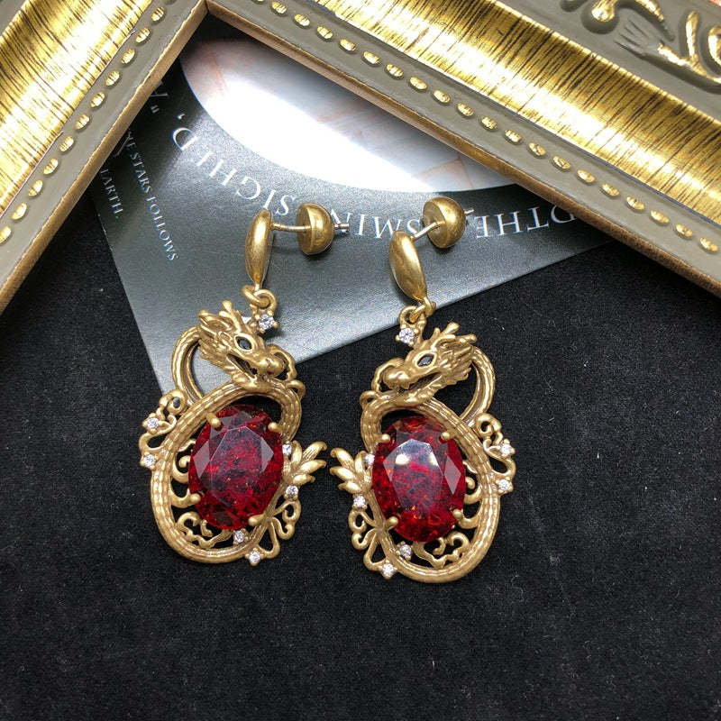 Dragon 3D Shaped Red Oval Moissanite Diamonds Luxury 18k Vermeil Gold Plated Drop Earrings | Mix Mix Style-Mix MIx Style