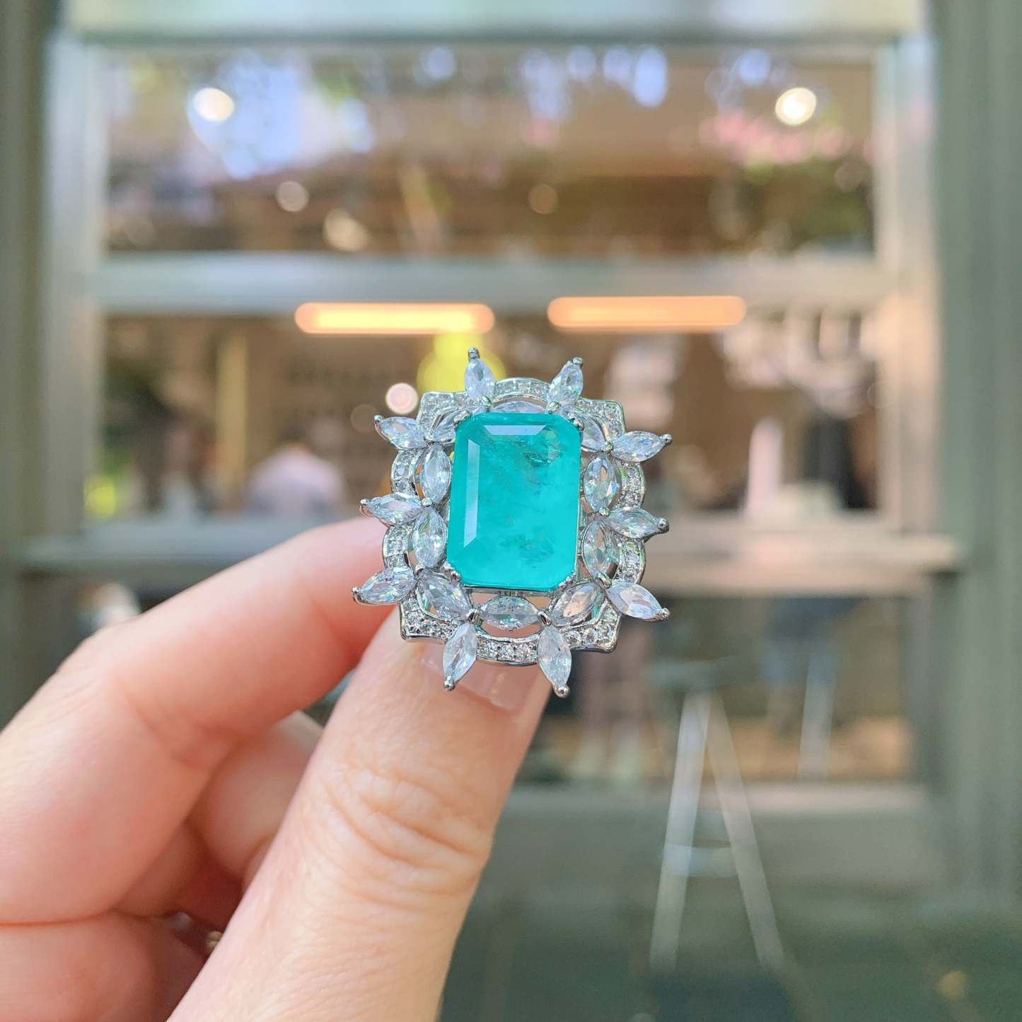 Green Aquamarine Retro Pendant Emerald Cut Diamond Luxury 18k White Gold Plated Necklace Earring Ring Jewelry Set | Mix Mix Style-Mix MIx Style