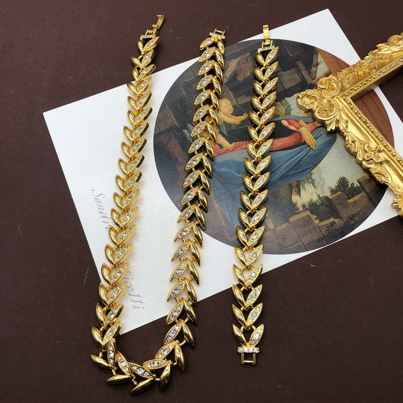 Leafs Retro Diamonds Luxury 18k Vermeil Gold Plated Necklace Bracelet Jewelry Set | Mix Mix Style-Mix MIx Style