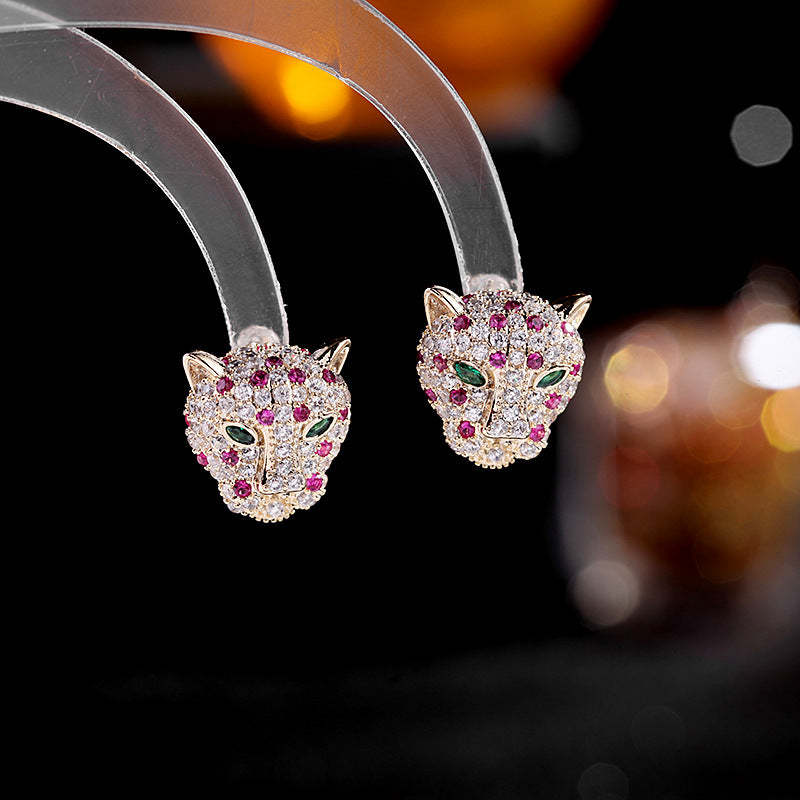 Fashion personality creative earrings cute small animal micro-inlaid colorful zircon earrings S925 silver needle leopard earrings-Mix MIx Style