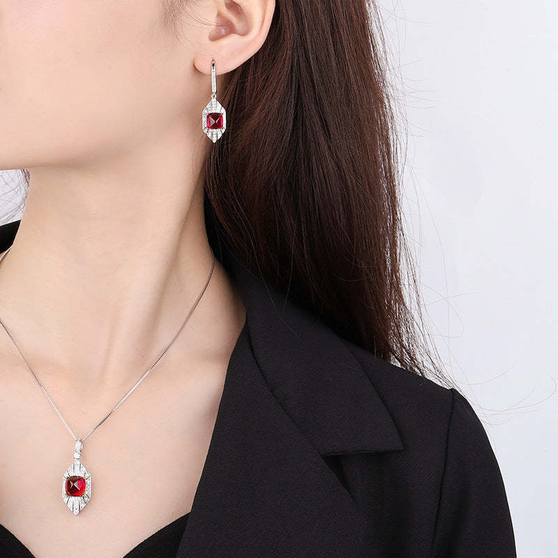 Red & Blue Vintage Pendant Asscher Diamond Luxury 18k Gold Plated Necklace Drop Earrings Jewelry Set | Mix Mix Style-Mix MIx Style