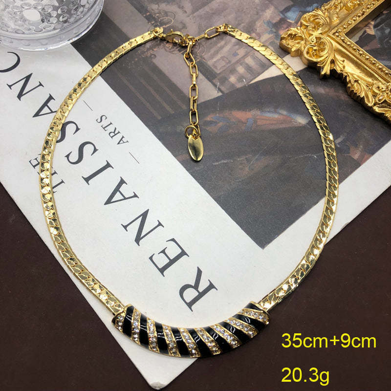Black Stripes Vintage Elegant Pendant Diamonds Luxury 18k Gold Plated Necklace Earrings Jewelry Set | Mix Mix Style-Mix MIx Style