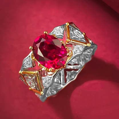 Retro Deep Red Oval Cut Moissanite Diamond 3ct 18k White Gold Plated Engagement Ring | Mix Mix Style-Mix MIx Style