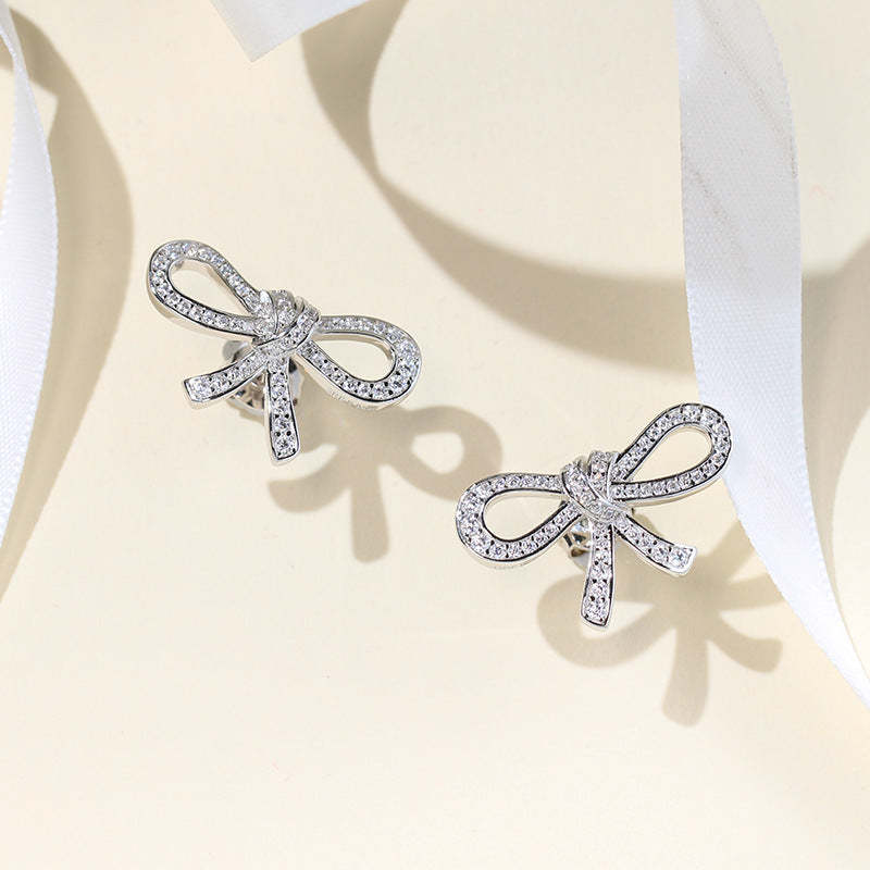 Japanese and Korean sweet temperament S925 silver bow earrings micro-inlaid gold-plated daily fresh commuting girls earrings-Mix MIx Style