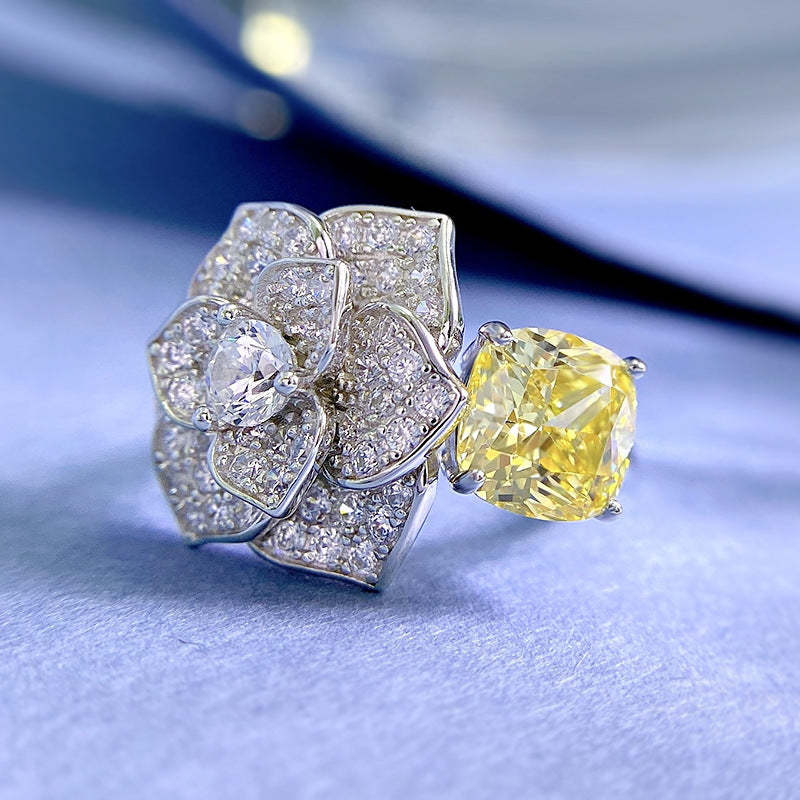 Flower Yellow Cushion Cut Moissanite Diamonds 18k White Gold Plated Engagement Ring | Mix Mix Style-Mix MIx Style