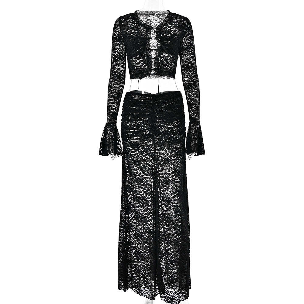 European and American cross-border new lace see-through two-piece suits for women, hot girls, fashionable and versatile strappy high waist long skirt suits-Mix MIx Style