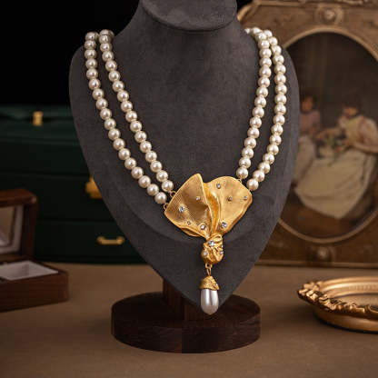 Golden Retro Classic Pendant Akoya Pearl Elegant 18k Gold Plated Double-Layer Necklace Earring & Brooch Jewelry Set | Mix Mix Style-Mix MIx Style