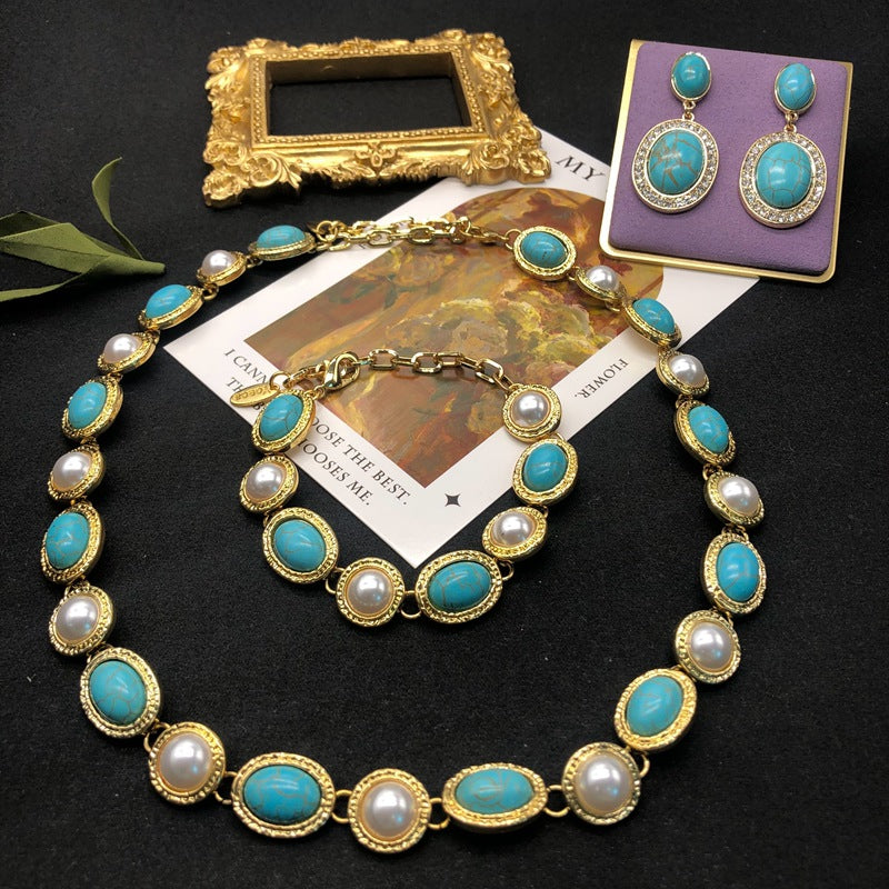 Blue Aquamarine Gemstones Vintage White Akoya Pearls Luxury 18k Vermeil Gold Plated Necklace Earring Bracelet Jewelry Set | Mix Mix Style-Mix MIx Style
