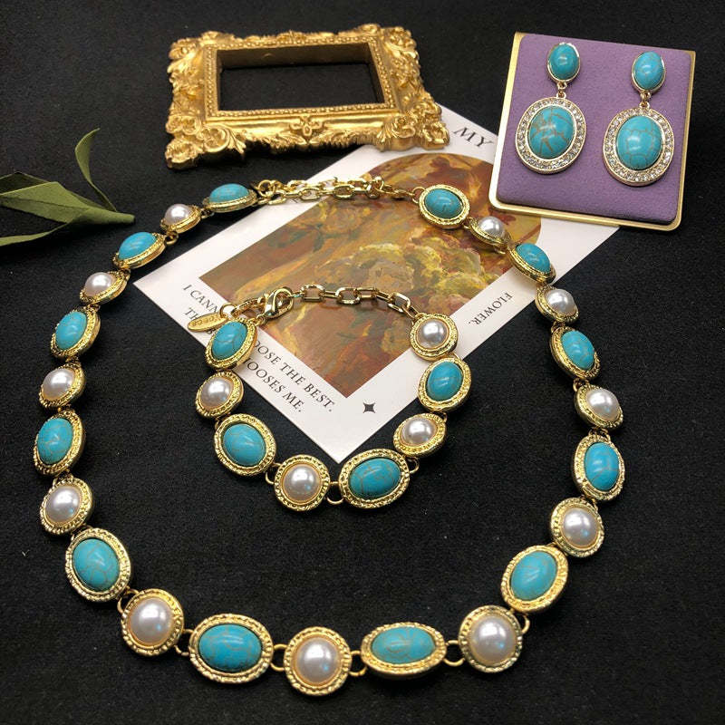 Blue Aquamarine Gemstones Vintage White Akoya Pearls Luxury 18k Vermeil Gold Plated Necklace Earring Bracelet Jewelry Set | Mix Mix Style-Mix MIx Style