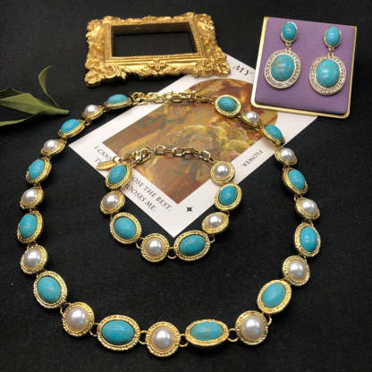 Blue Aquamarine Gemstones Vintage White Akoya Pearls Luxury 18k Vermeil Gold Plated Necklace Earring Bracelet Jewelry Set | Mix Mix Style-Mix MIx Style