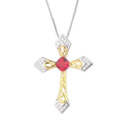 Red Retro Cross Pendant Cushion Cut Diamond Luxury 18k Gold Plated Necklace Jewelry | Mix Mix Style-Mix MIx Style
