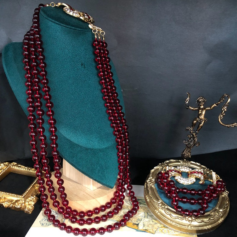 Red Multi-layer Retro Classic Beads Micro Diamonds Luxury 18k Gold Plated Necklace Bracelet Jewelry Set | Mix Mix Style-Mix MIx Style