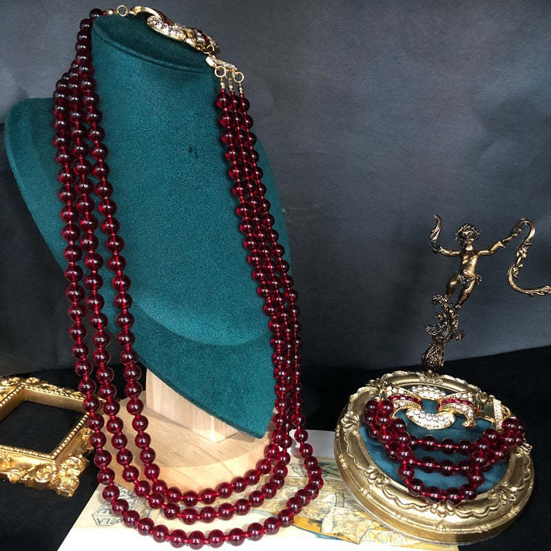 Red Multi-layer Retro Classic Beads Micro Diamonds Luxury 18k Gold Plated Necklace Bracelet Jewelry Set | Mix Mix Style-Mix MIx Style