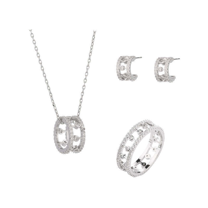 Niche design high-end hollow clavicle chain zircon inlaid ring semi-circular C-circle earrings jewelry set-Mix MIx Style