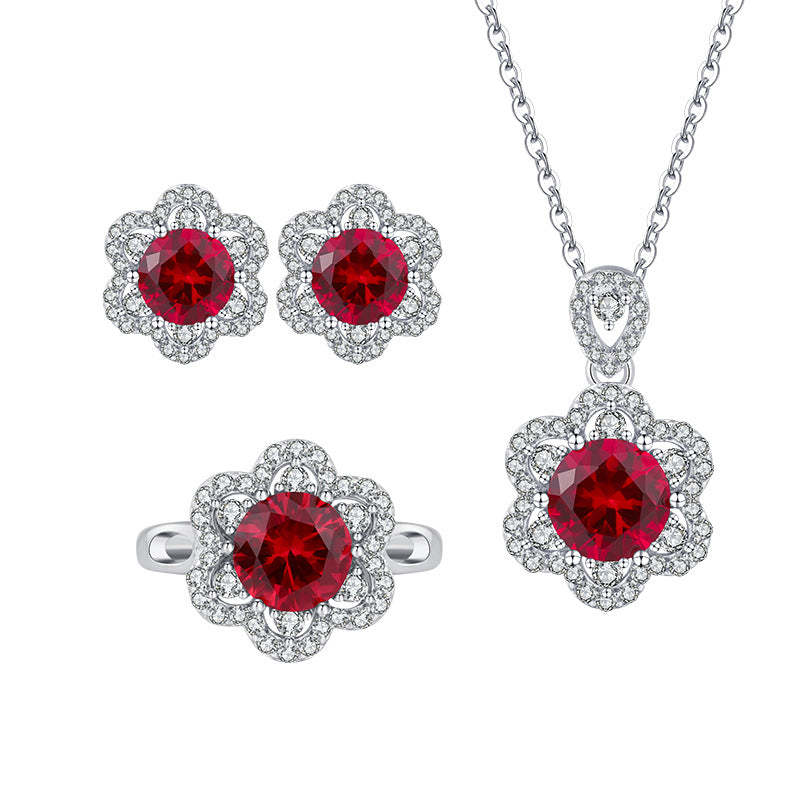2023 New S925 Silver Jewelry Simulated Red Sapphire Round Niche Set Main Stone 8mm-6mm-Mix MIx Style