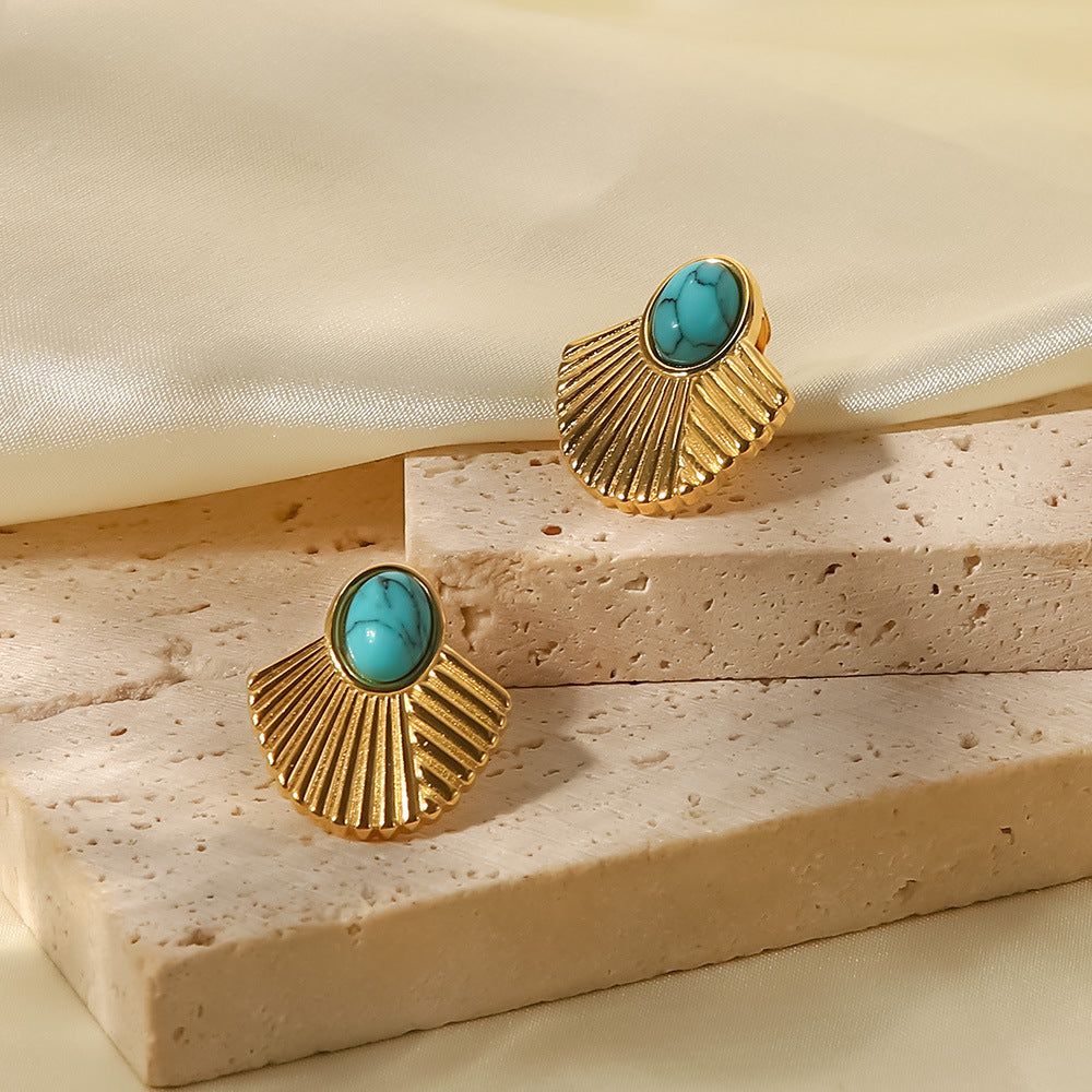 Fan Shaped Retro Classic Turquoise Shaped Gemstone Elegant 18k Vermeil Gold Plated Stud Earrings | Mix Mix Style-Mix MIx Style