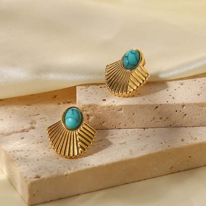 Fan Shaped Retro Classic Turquoise Shaped Gemstone Elegant 18k Vermeil Gold Plated Stud Earrings | Mix Mix Style-Mix MIx Style