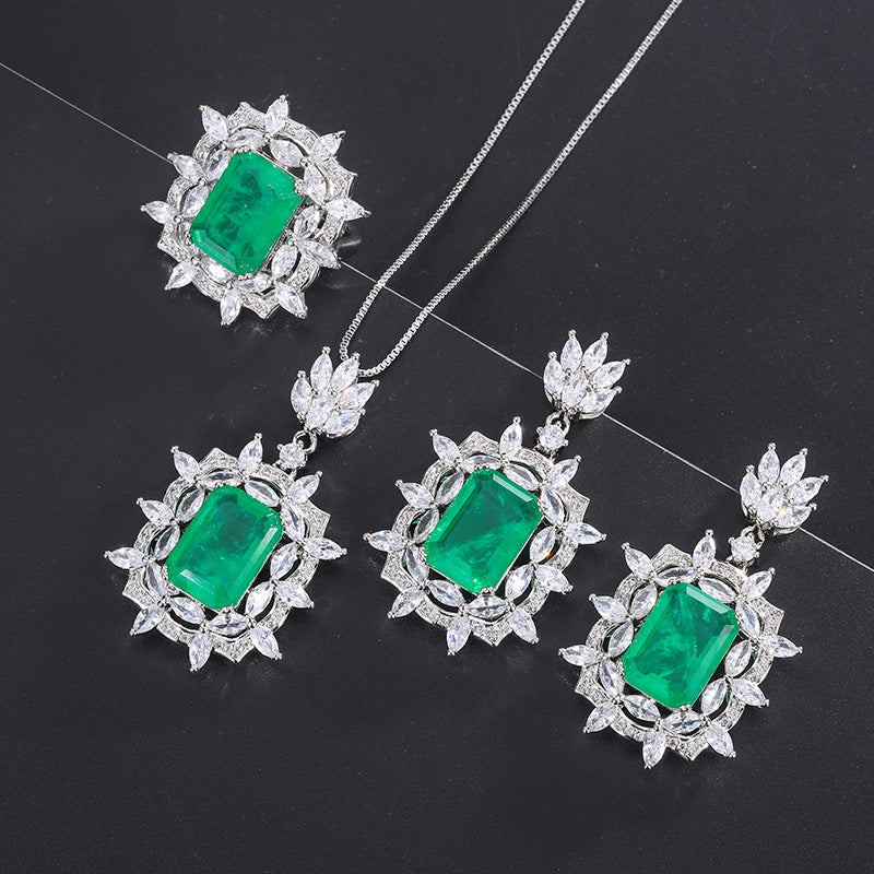 Green Aquamarine Retro Pendant Emerald Cut Diamond Luxury 18k White Gold Plated Necklace Earring Ring Jewelry Set | Mix Mix Style-Mix MIx Style