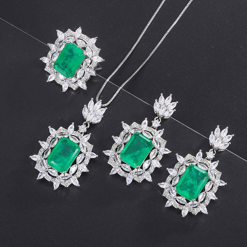 Green Aquamarine Retro Pendant Emerald Cut Diamond Luxury 18k White Gold Plated Necklace Earring Ring Jewelry Set | Mix Mix Style-Mix MIx Style