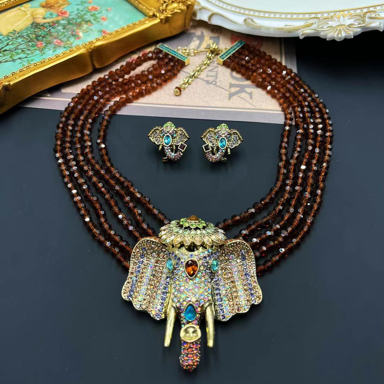 Brown Multilayer Beads Vintage Elephant Pendant Micro Diamonds Luxury 18k Gold Plated Necklace Earrings Jewelry Set | Mix Mix Style-Mix MIx Style