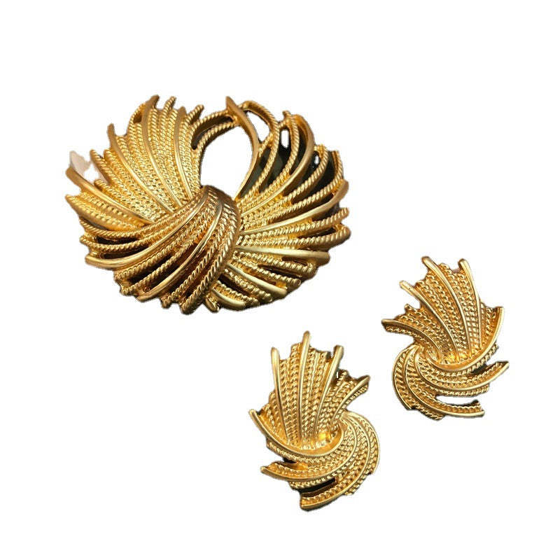 Geometric Vintage Retro Pendant Luxury 18k Vermeil Gold Plated Earring & Brooch Jewelry Set | Mix Mix Style-Mix MIx Style