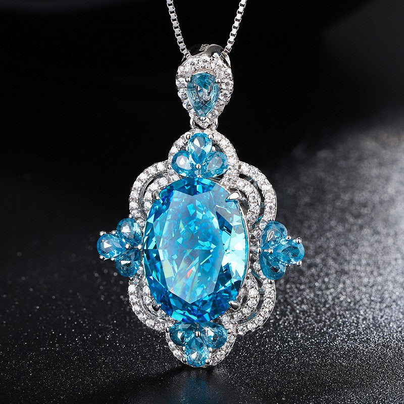 S925 Silver Douyin Popular High Carbon Diamond Radiant Cut Aquamarine Pendant Necklace Ring Stone 18*13 Set-Mix MIx Style
