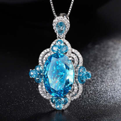 S925 Silver Douyin Popular High Carbon Diamond Radiant Cut Aquamarine Pendant Necklace Ring Stone 18*13 Set-Mix MIx Style