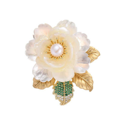 High-end luxury natural shell white peony flower brooch freshwater pearl rich camellia brooch female accessories-Mix MIx Style