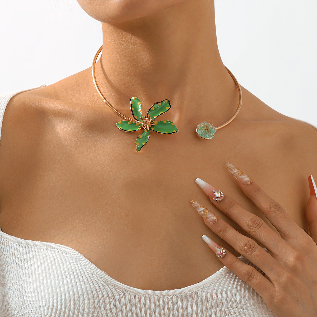 Blue Flower Solid Vintage Retro Luxury 18k Vermeil Gold Plated Open Necklace Jewelry | Mix Mix Style-Mix MIx Style