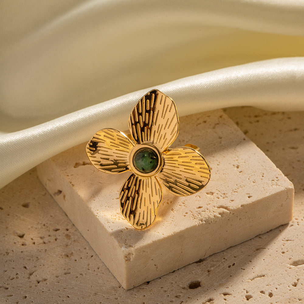 French court style dull four-petal exaggerated inlaid African turquoise open ring high-end design ring-Mix MIx Style