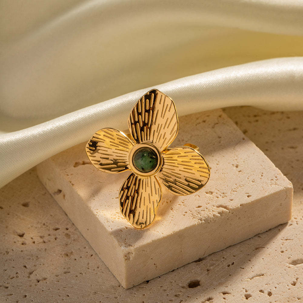 French court style dull four-petal exaggerated inlaid African turquoise open ring high-end design ring-Mix MIx Style