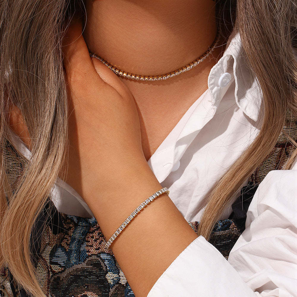Chain Classic Pendant White Diamonds Luxury 18k Vermeil Gold Plated Necklace Bracelet Jewelry Set | Mix Mix Style-Mix MIx Style