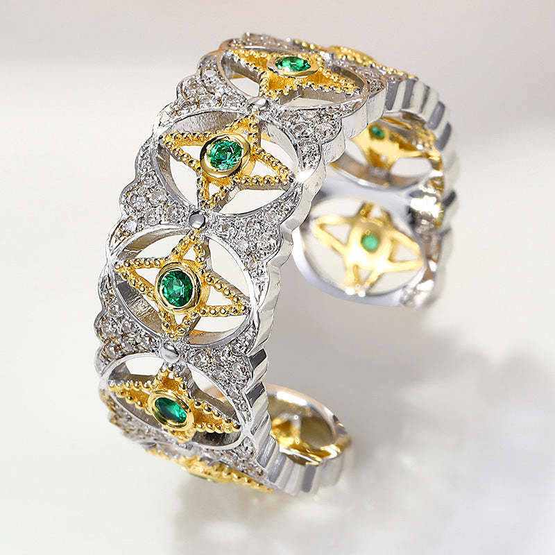 Green Stars Thick Antique  Retro Round Diamonds Luxury 18k White Gold Plated Ring Jewelry | Mix Mix Style-Mix MIx Style