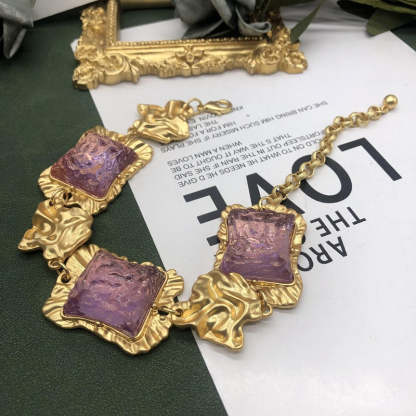 Square Pink Vintage Retro Elegant Luxury 18k Gold Plated Necklace Earring Bracelet Jewelry Set | Mix Mix Style-Mix MIx Style
