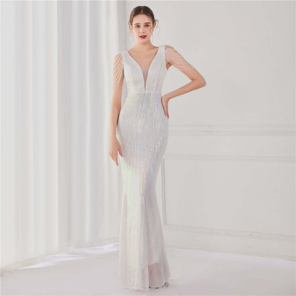 19127#2021 new sequined fishtail long dress performance internet celebrity event banquet car model etiquette evening dress-Mix MIx Style