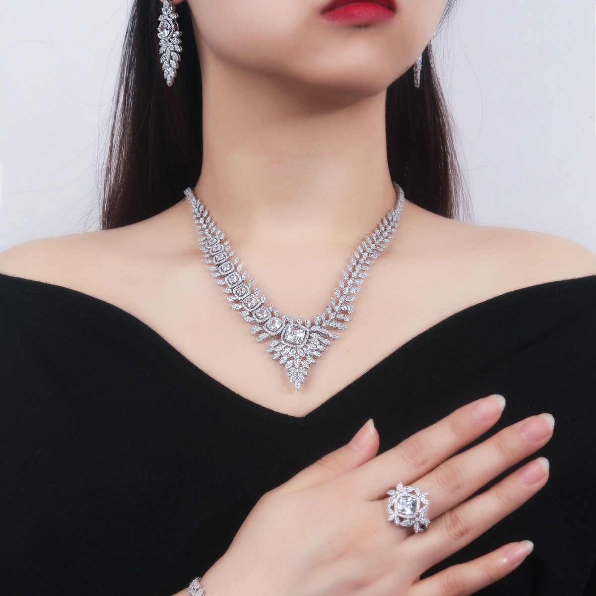 Wedding language European and American exaggerated luxury temperament full diamond bridal wedding suit fashionable rhinestone shiny four-piece jewelry-Mix MIx Style