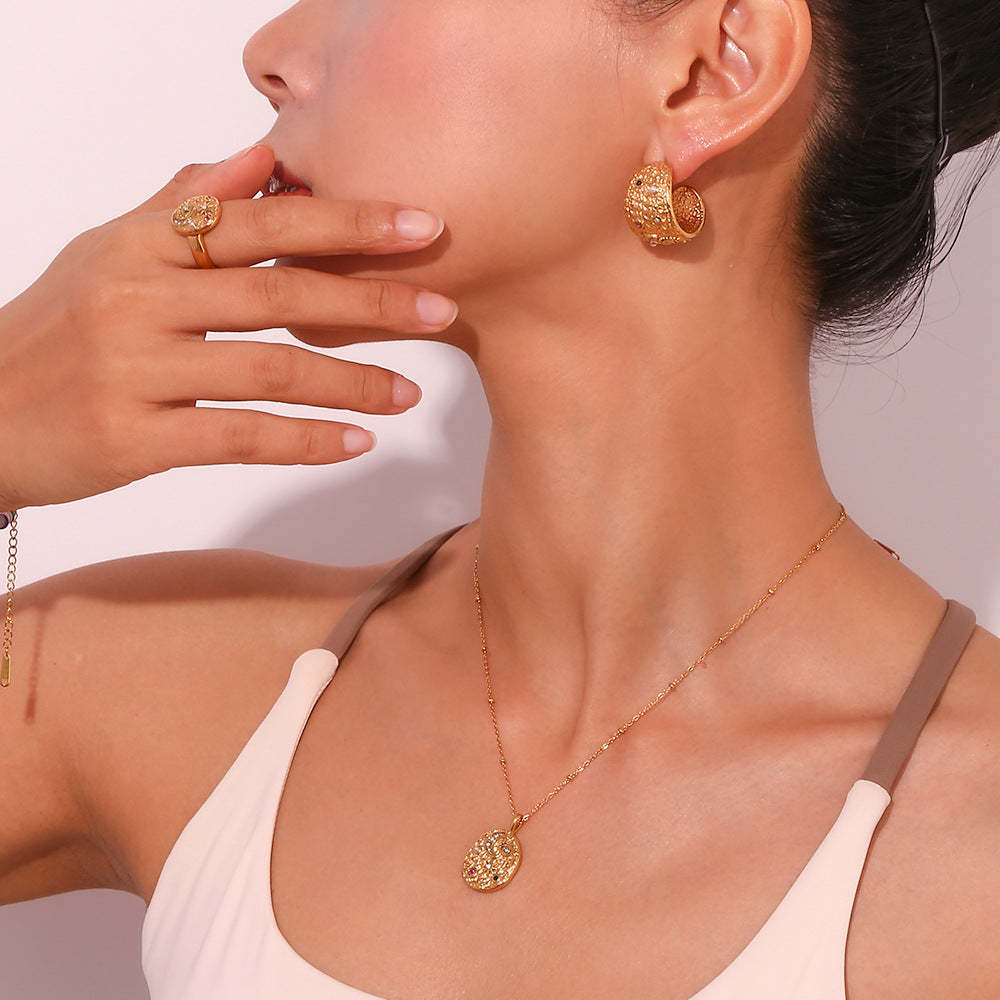 Colored Diamond Eyes Star and Moon Necklace Earrings Ring Vintage Jewelry [Hot Seller]-Mix MIx Style