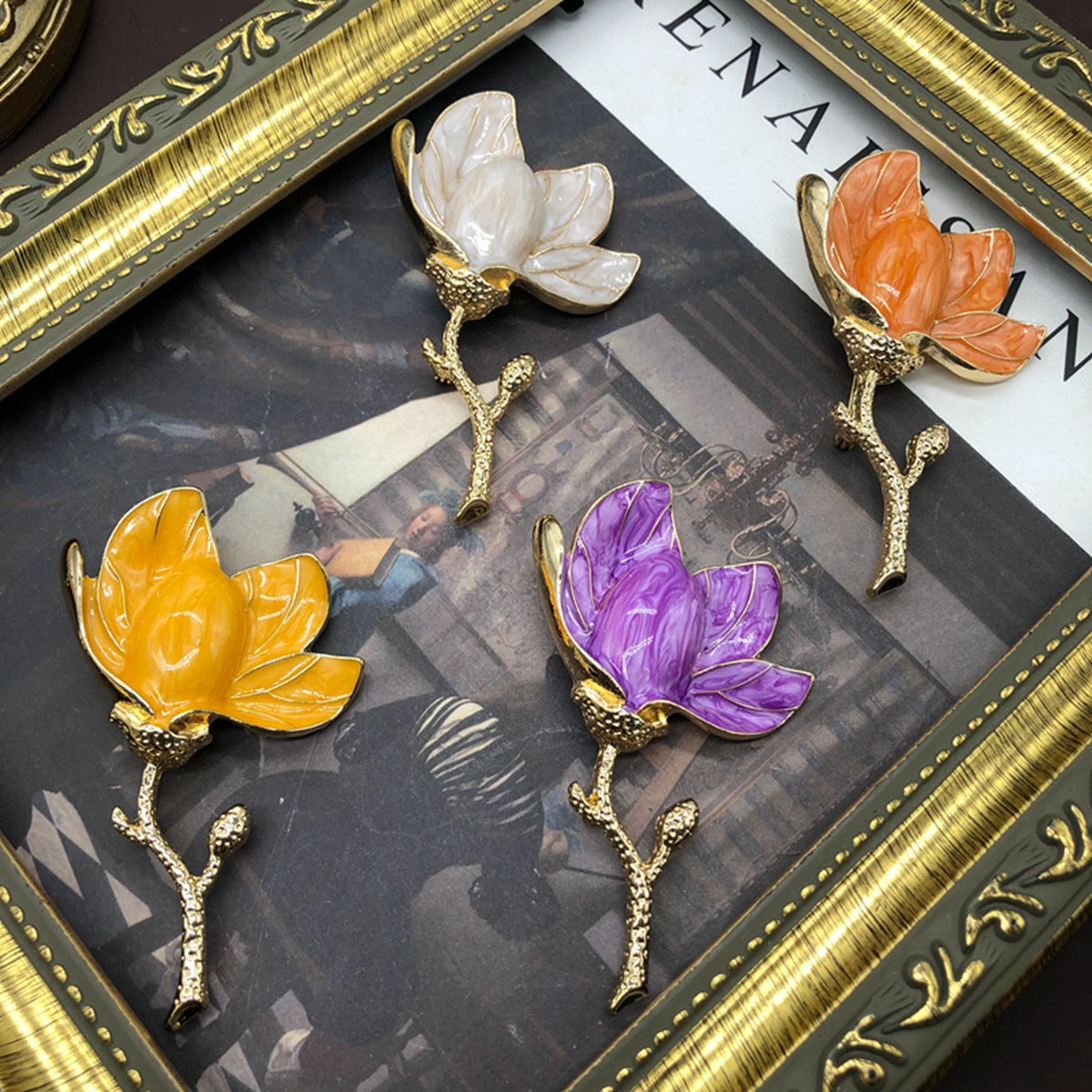 Classic temperament, versatile multi-color enamel glaze magnolia brooch, Western, medieval, high-end retro corsage brooch-Mix MIx Style