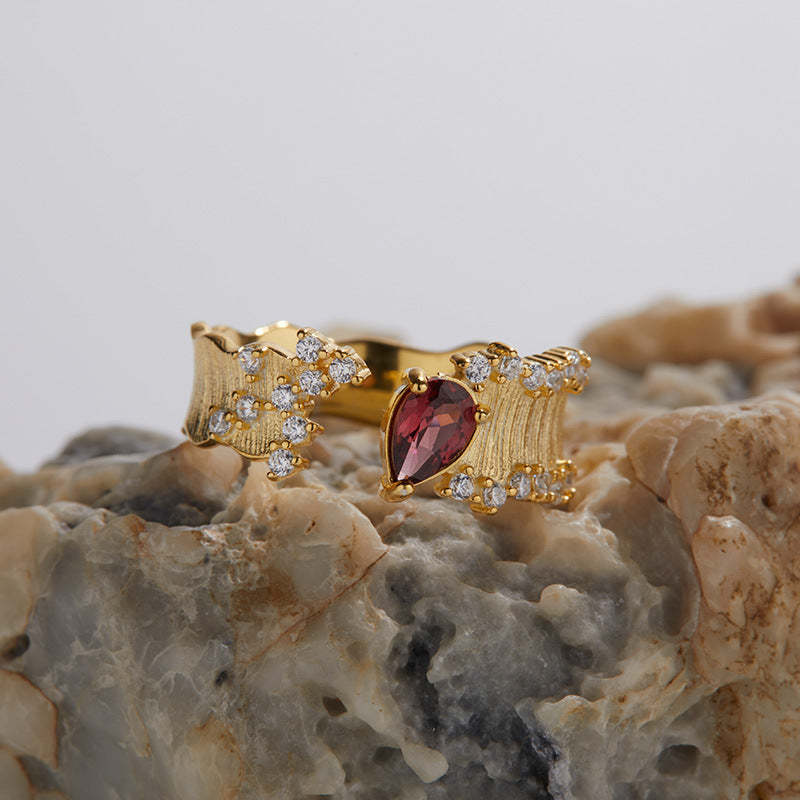 Personality Fashion S925 Sterling Silver Natural Colored Gemstone Garnet Topaz Ring Female Brushed Effect Open Ring Wholesale-Mix MIx Style