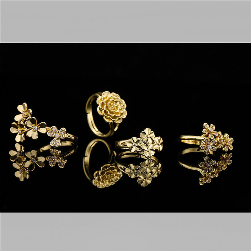 Bohemian style exaggerated copper-plated 18K gold flower ornament ring for women with adjustable opening in stock-Mix MIx Style