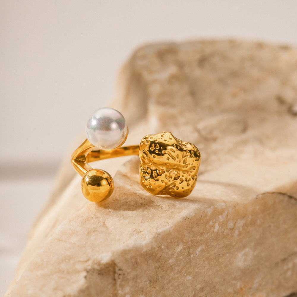 INS internet celebrity trend 18K gold stainless steel stamen shaped pearl ring European and American fashion non-fading jewelry wholesale-Mix MIx Style