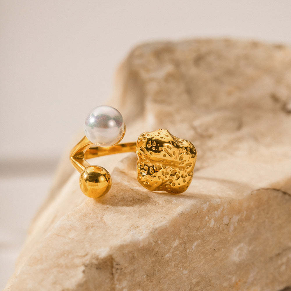 INS internet celebrity trend 18K gold stainless steel stamen shaped pearl ring European and American fashion non-fading jewelry wholesale-Mix MIx Style