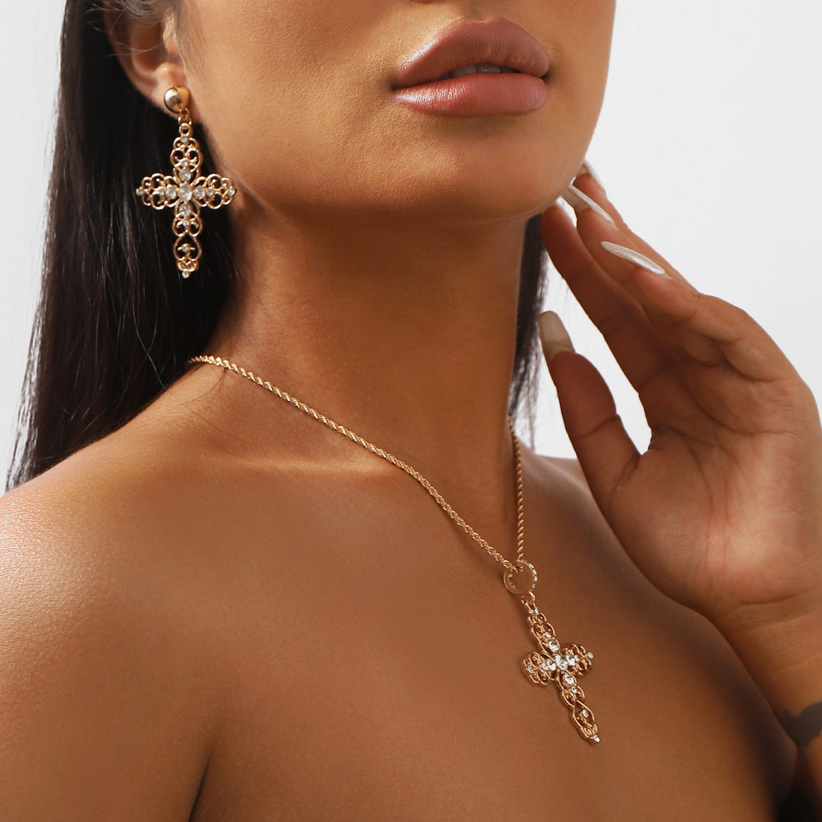 Cross Retro Classic Pendant White Diamonds Luxury 18k Gold Plated Necklace Earrings Jewelry Set | Mix Mix Style-Mix MIx Style